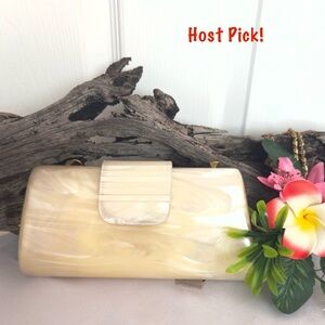 ELAN ~ Iridescent Mother of Pearl Cream Hard Body Clutch Bag w/Gold Tone Chain